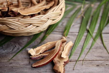 Ganoderma Lucidum - Ling Zhi Mushroom on wood backgroundの写真素材
