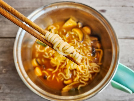 Gojujang noodles spicy sauce soup on potの写真素材