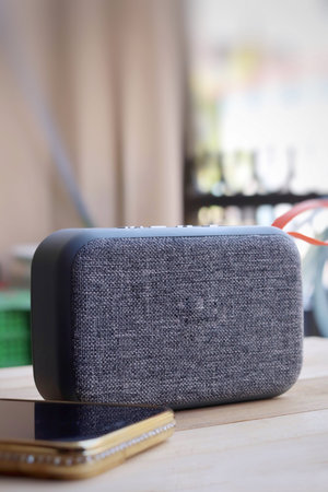 Gray bluetooth speaker and smartphoneの写真素材