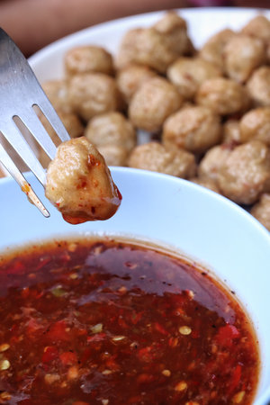 Close up of meatballs homemade and roasted chili sauceの写真素材