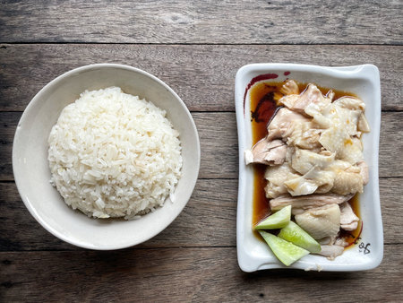 Steamed rice topped with chicken Singaporean foodの写真素材
