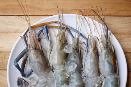 Raw fresh shrimp on a plateの写真素材