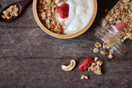 Dairy fresh yogurt milk and granola healthy foodの写真素材