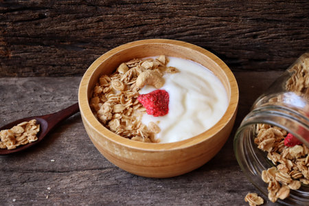Dairy fresh yogurt milk and granola healthy foodの写真素材