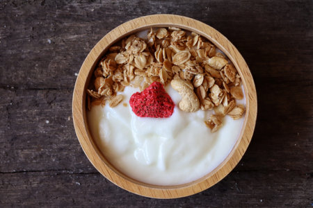 Dairy fresh yogurt milk and granola healthy foodの写真素材