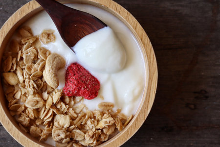 Dairy fresh yogurt milk and granola healthy foodの写真素材