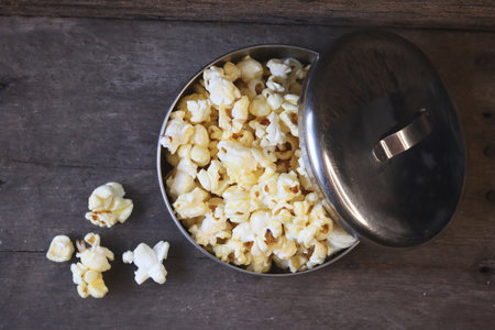 Pop corn on wood backgroundの写真素材