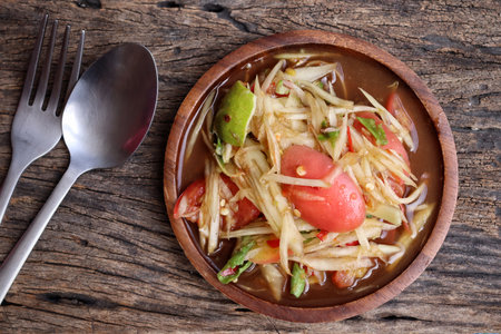 Papaya salad spicy Thai foodの写真素材