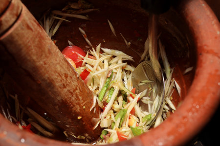 Papaya salad spicy Thai foodの写真素材