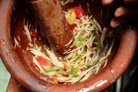 Papaya salad spicy Thai foodの写真素材