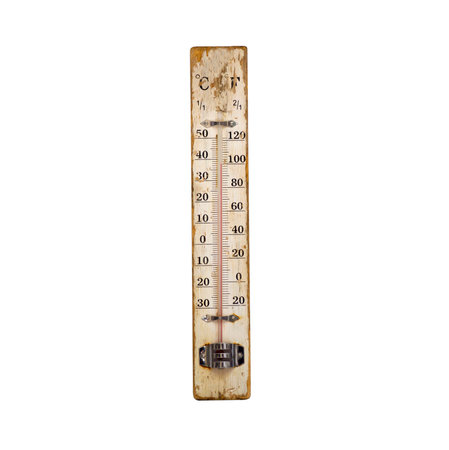 vintage wooden floating thermometer isolated over white background