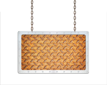 Retro distressed metal signboard on the chainsの写真素材