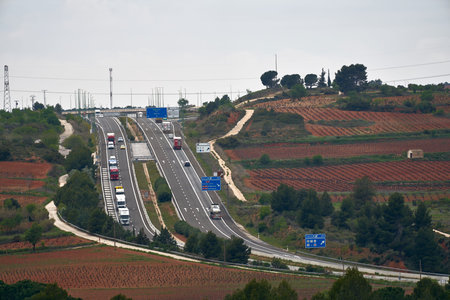 highway with several lanes where several trucks circulate in time of pandemicのeditorial素材