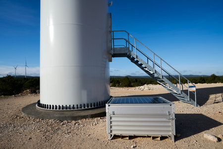 Entrance to an ecological windmills to generate electricity in a natural environmentの写真素材