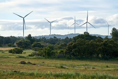 Beautiful image of the field with ecological windmills to generate electricity in a natural environmentの写真素材