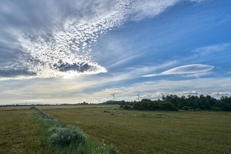 Beautiful image of the field with ecological windmills to generate electricity in a natural environmentの写真素材
