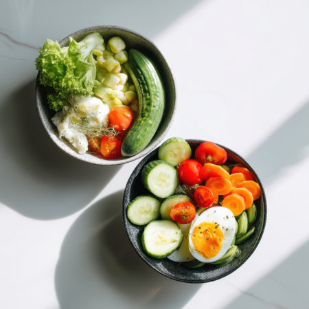 Two bowls of fresh vegetables and a boiled egg are arranged on a white marble surface with dramatic shadowsの素材