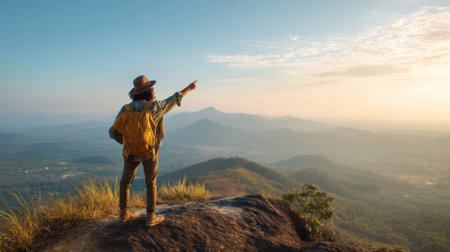 A lone hiker stands on a rocky precipice, gazing out at a vast mountain range bathed in the warm glow of sunriseの素材