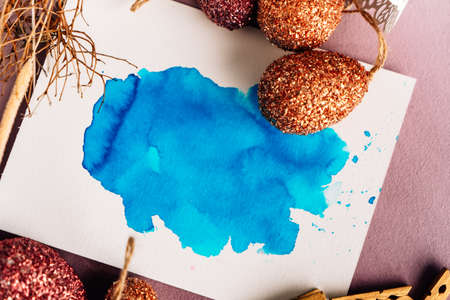 Mock up, splash of color turquoise, watercolor Easter egg, orange, red, gold, easter egg, easter, splash of colorの写真素材