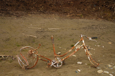 Rusted bike on the shoreの写真素材