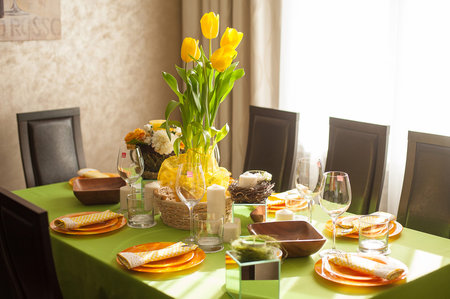 Bright spring table setting ,table setting for 8 March, International Women's Day