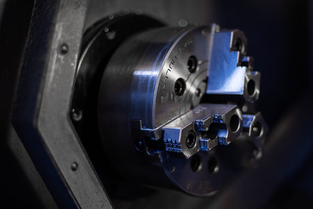 The CNC lathe machine or Turning machine drilling the metal rod with the drill tool and center drill...