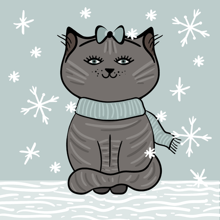 Gray cat with scarf sits on the snow under falling snowflakesのイラスト素材