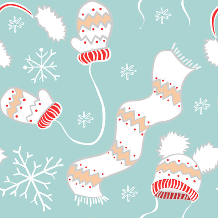 New Year pattern of mittens, hats, scarf and snowflakesのイラスト素材