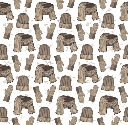 Seamless pattern of hats, mittens and a scarf. Brown coffee rangeのイラスト素材