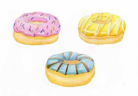 Watercolor hand painted sweet and tasty donut glazed with cream and sprinkling confectionery. Delicious dessert can be used for card, postcard, wedding card, invitation, birthday card, menu, recipeの写真素材