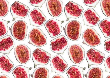 Pattern of sliced ripe figs isolated on white background. Fruit illustration. Food photo. Flat lay,...