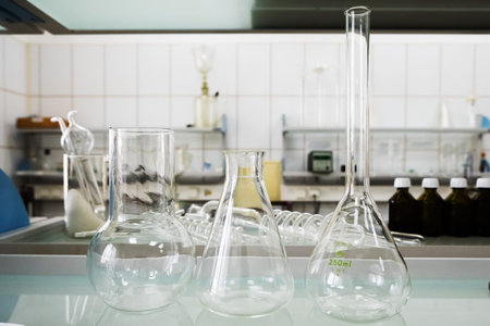 Empty flasks. Laboratory analysis equipment. Chemical laboratory, glassware test-tubes