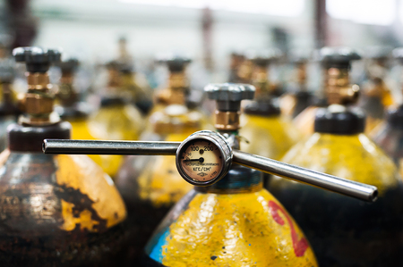Pressure Tank and Regulator Gauges. Check manometer in liquid  gas factoryの写真素材