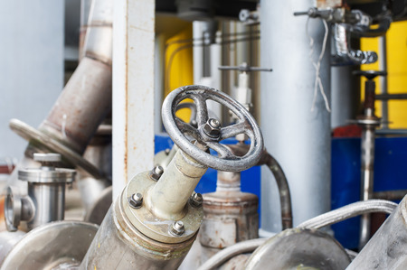 Valves at gas plant. Valves on pipes. Liquid gas factoryの写真素材