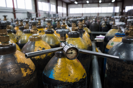 Cilinder with mixed gases. Tanks with compressed gas for industry. Liquefied oxygen production. Factoryの写真素材
