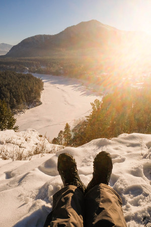 Winter High mountain landscape. Mountains panoramic landscape. 
legs in frameの写真素材