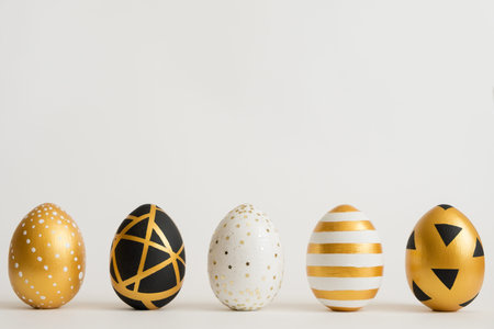Easter golden decorated eggs stand in a row on white background. Minimal easter concept. Happy...