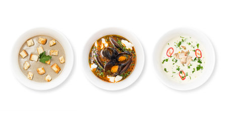 Set of tasty soup isolated on white background.