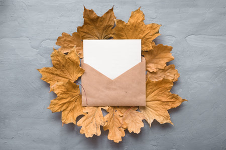 Autumn composition. Craft envelope. card mockup with autumn marple leaves on gray background. Flat...