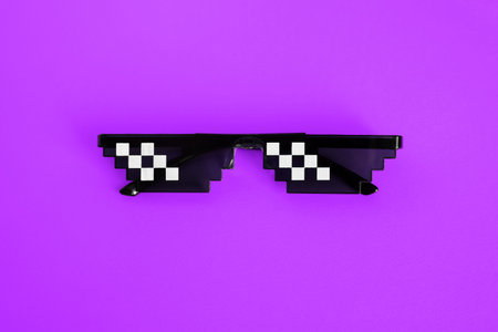 Funny pixelated boss sunglasses on purple background. Gangster, Black thug life meme glasses . Pixel...