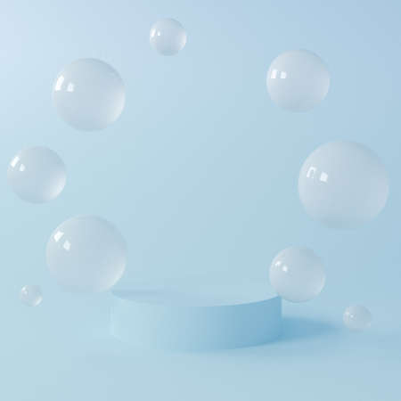 Abstract scene with geometric forms. Cylinder podium, stand on pastel light, blue background with flying balls, spheres. Stage pedestal or platform. Stylish trendy 3D renderの写真素材