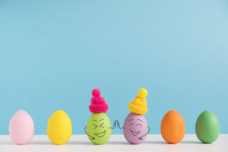 Friends high five to each other. Positive eggs in hats. Easter holiday concept with cute eggs with funny faces. Different emotions and feelings.の写真素材