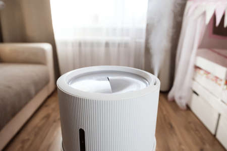 Steam from modern air humidifier, aroma oil diffuser at home. Improving the comfort of living in a house, Improving the well-being. Ultrasonic steam technology.の写真素材