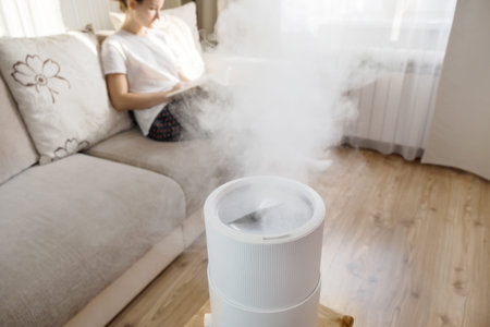 Modern air humidifier, aroma oil diffuser at home. Improving the comfort of living in a house,...