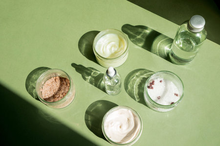 Body treatment and spa concept. Scrub, mask, cream and natural oil cosmetics on green background. Womans cosmetic proceduresの写真素材