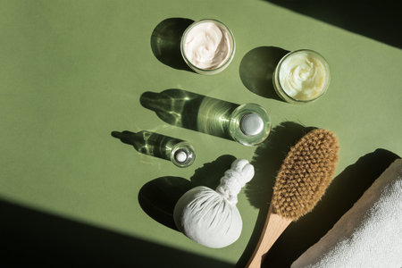 Body treatment and spa concept. Scrub, mask, cream and natural oil cosmetics on green background....