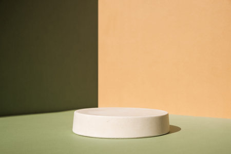 Abstract minimal scene with geometrical forms. Cylinder podiums on green and beige background....