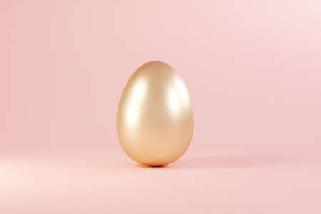 Easter golden glitter egg on pink background. Minimal easter concept. Happy Easter card with copy space for text. 3d render.の写真素材