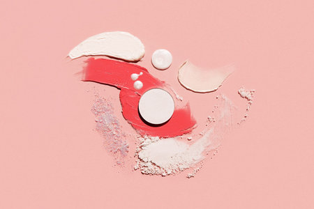 Cosmetics swatches. Peach, beige, red and coral toned styled cosmetics flat lay. Closeup colour...