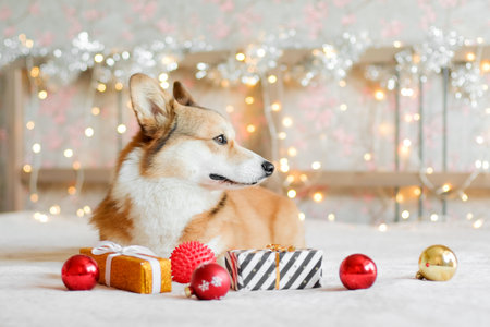 Corgi dog with gifts and Christmas decorations against the garland lights background. New Year and Christmas concept. Waiting for the holidayの写真素材